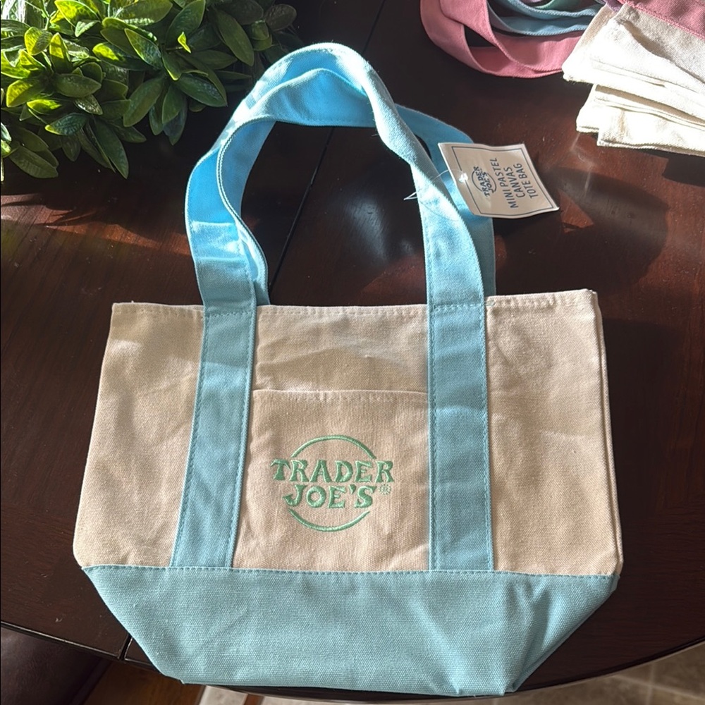 pastel trader joe’s mini tote in blue